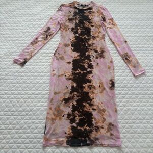 AFRM Loah Tie Dye Mesh Women’s Midi Dress Size small Pink Brown Bodycon Stretchy